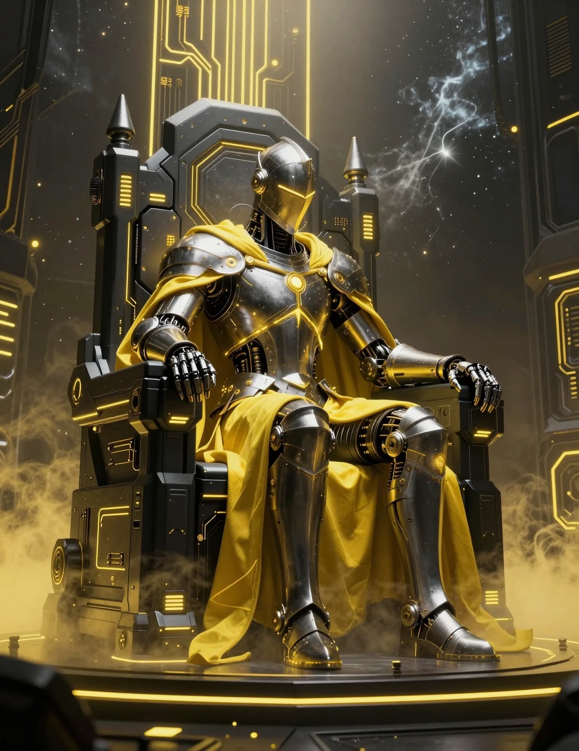 Gigantic cybernetic knight on obsidian throne with neon glow