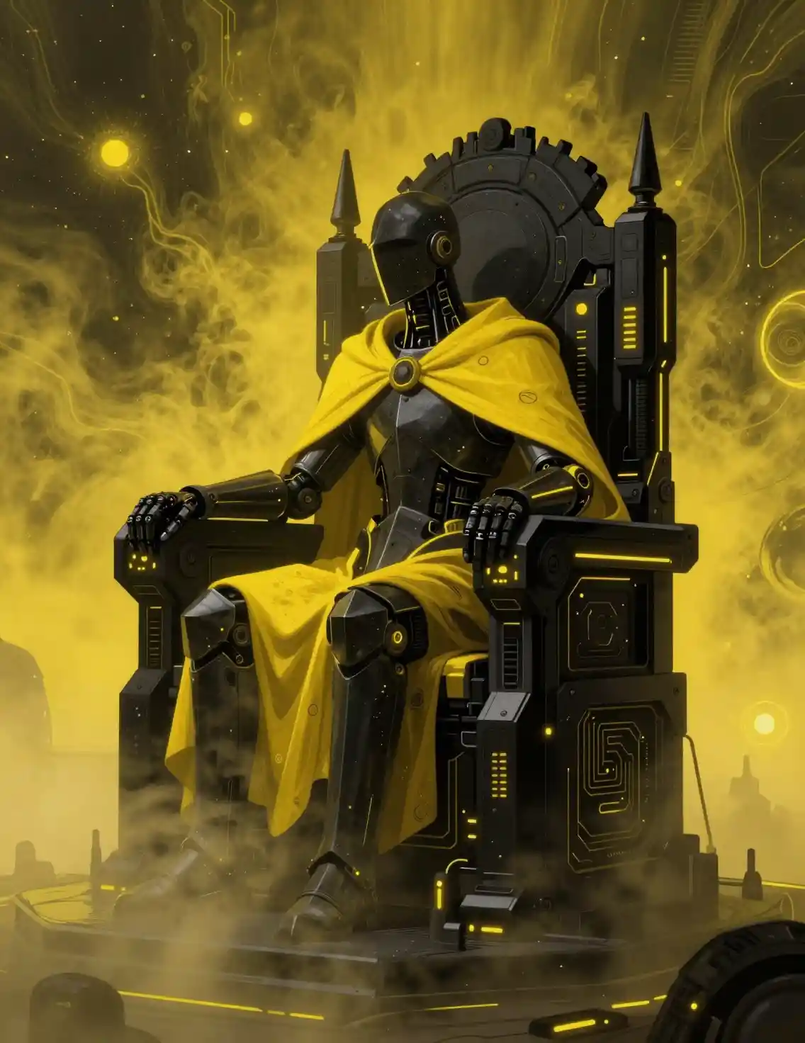 Giant knight on obsidian throne in neon lit chamber