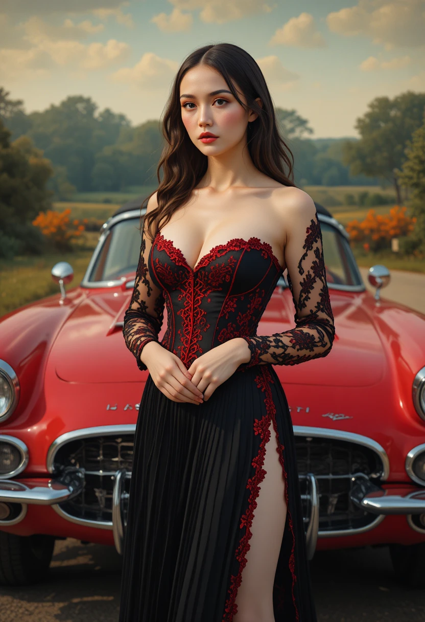 Mona Lisa standing by a red Corvette in gothic fashion