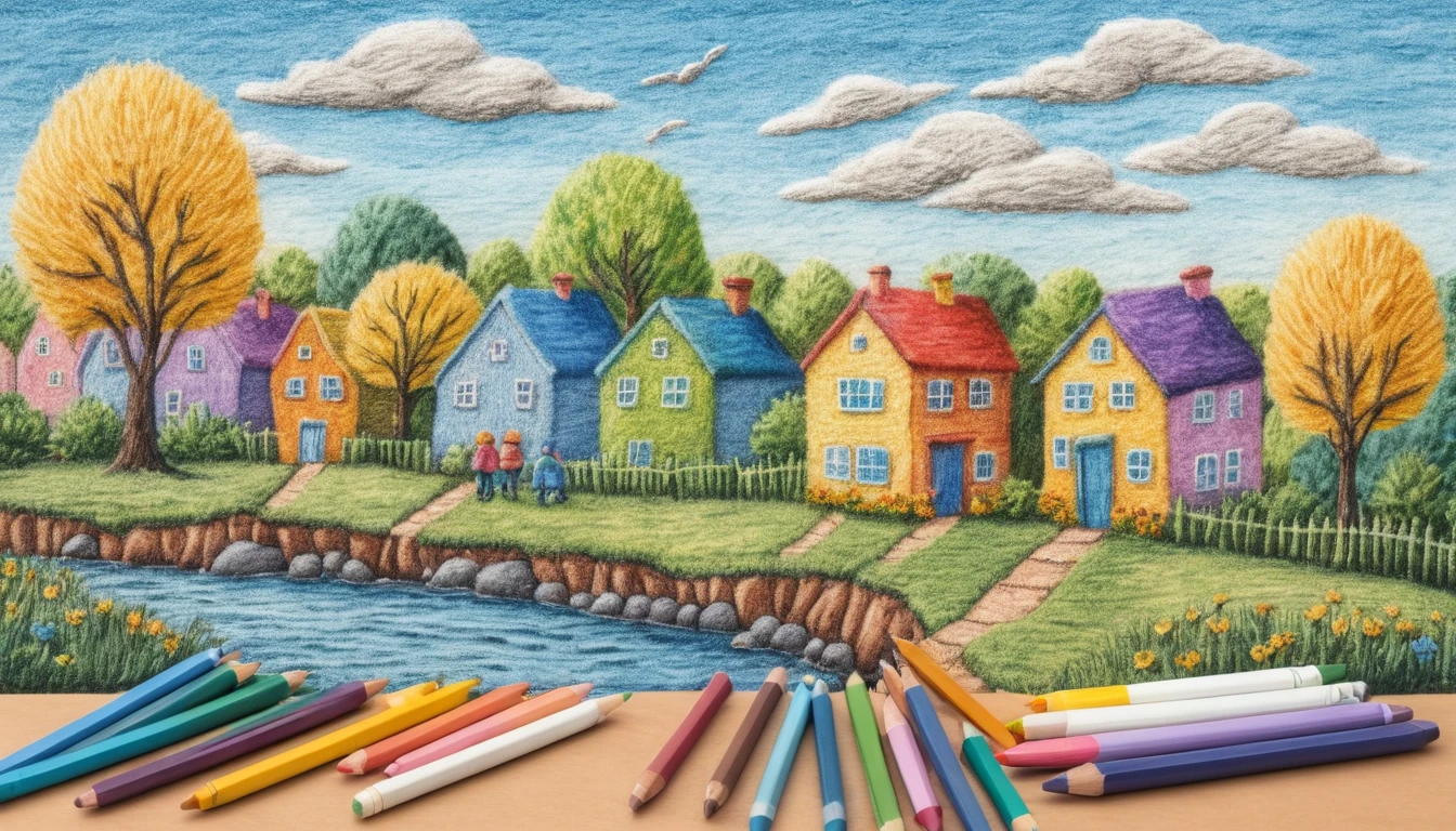 Vista aérea de uma criança pequena desenhando uma paisagem simples