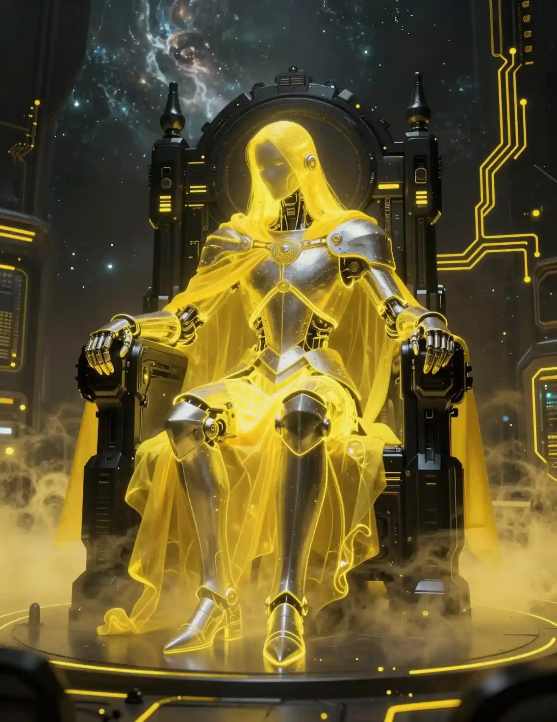 Cavaliere gigante con mantello giallo su trono di ossidiana