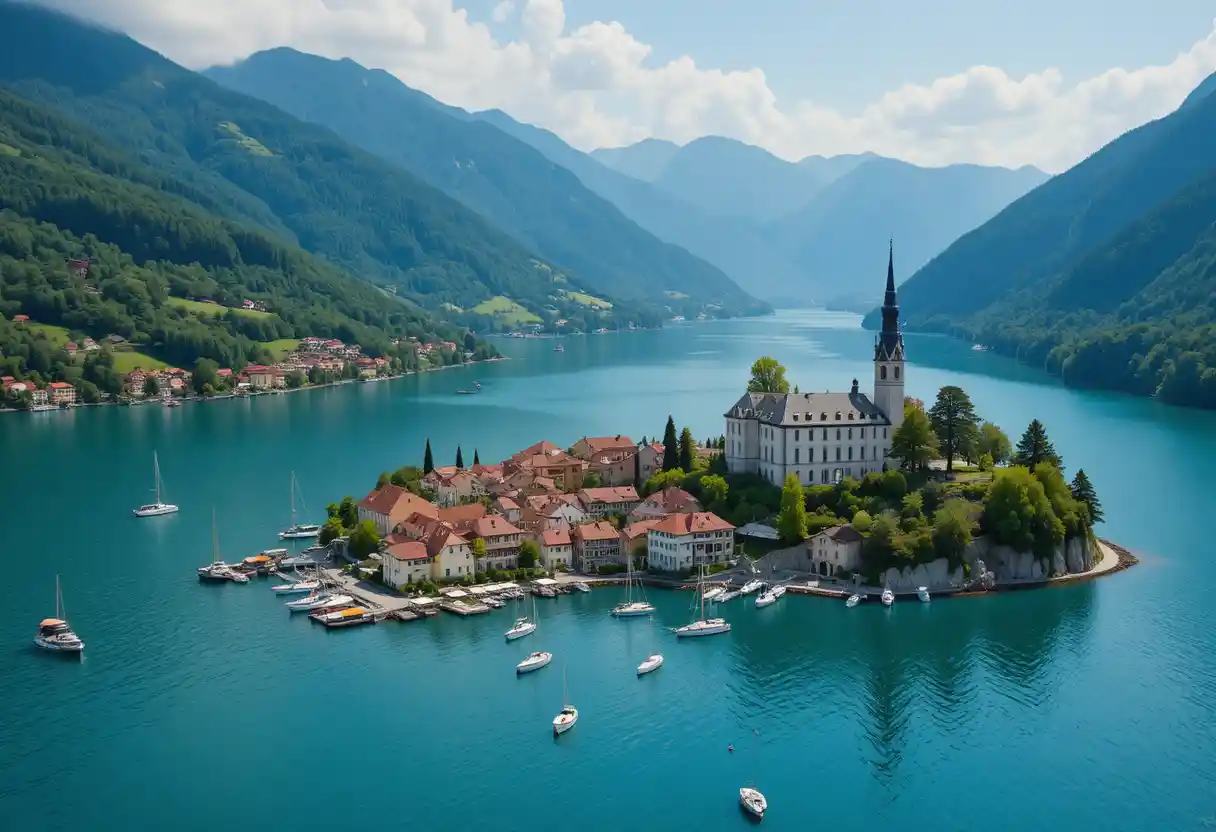Vista aerea di un tranquillo villaggio sul lago e delle montagne
