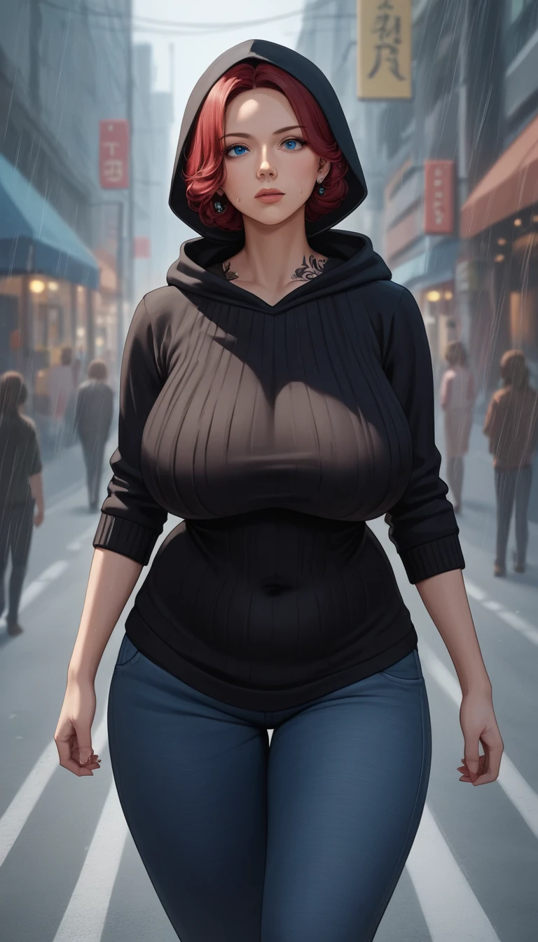 Femme d’anime en tenue décontractée dans une rue sombre et pluvieuse