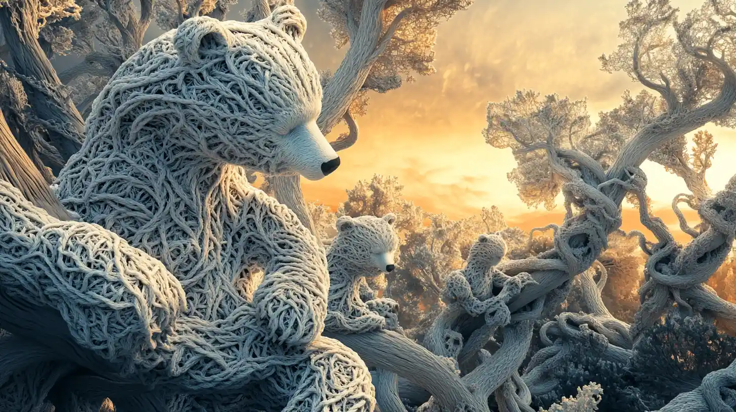 Floresta surreal de esculturas de ursos brilhantes ao pôr do sol