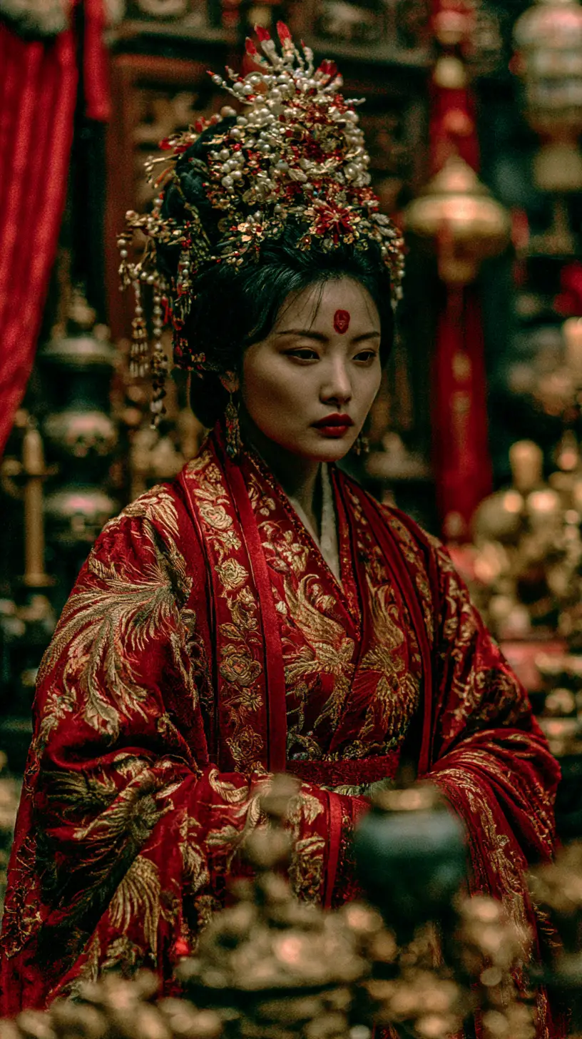 Noble chinoise de l’Antiquité en soie rouge dans la lueur du palais