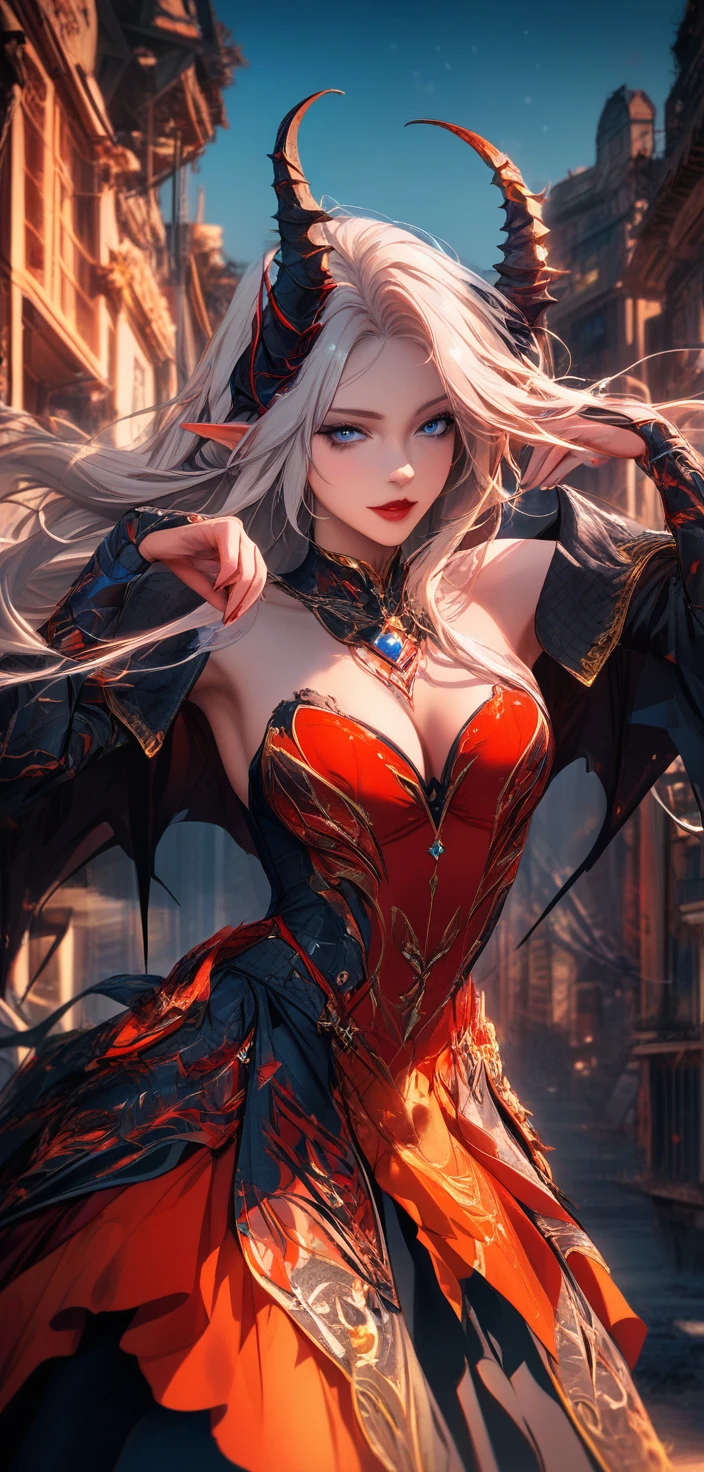 Tiefling woman with horns and wings in desert sunset