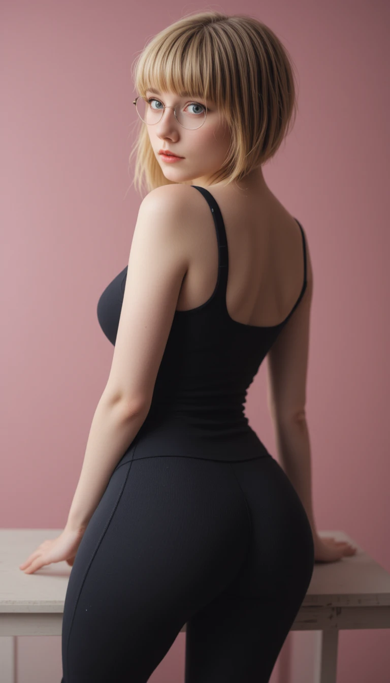 Blonde woman in glasses leaning forward against soft pink