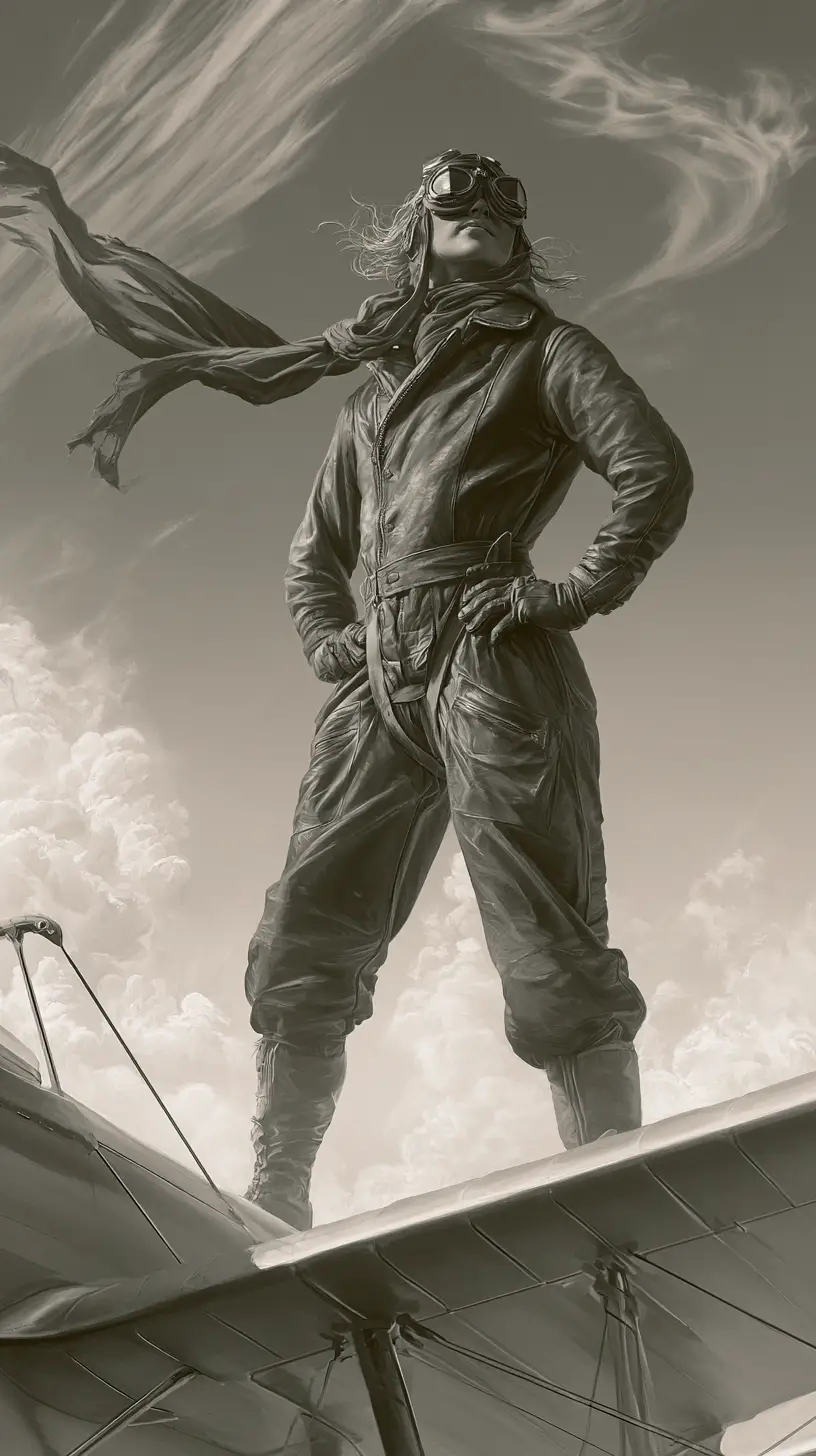World War I pilot standing on a biplane wing