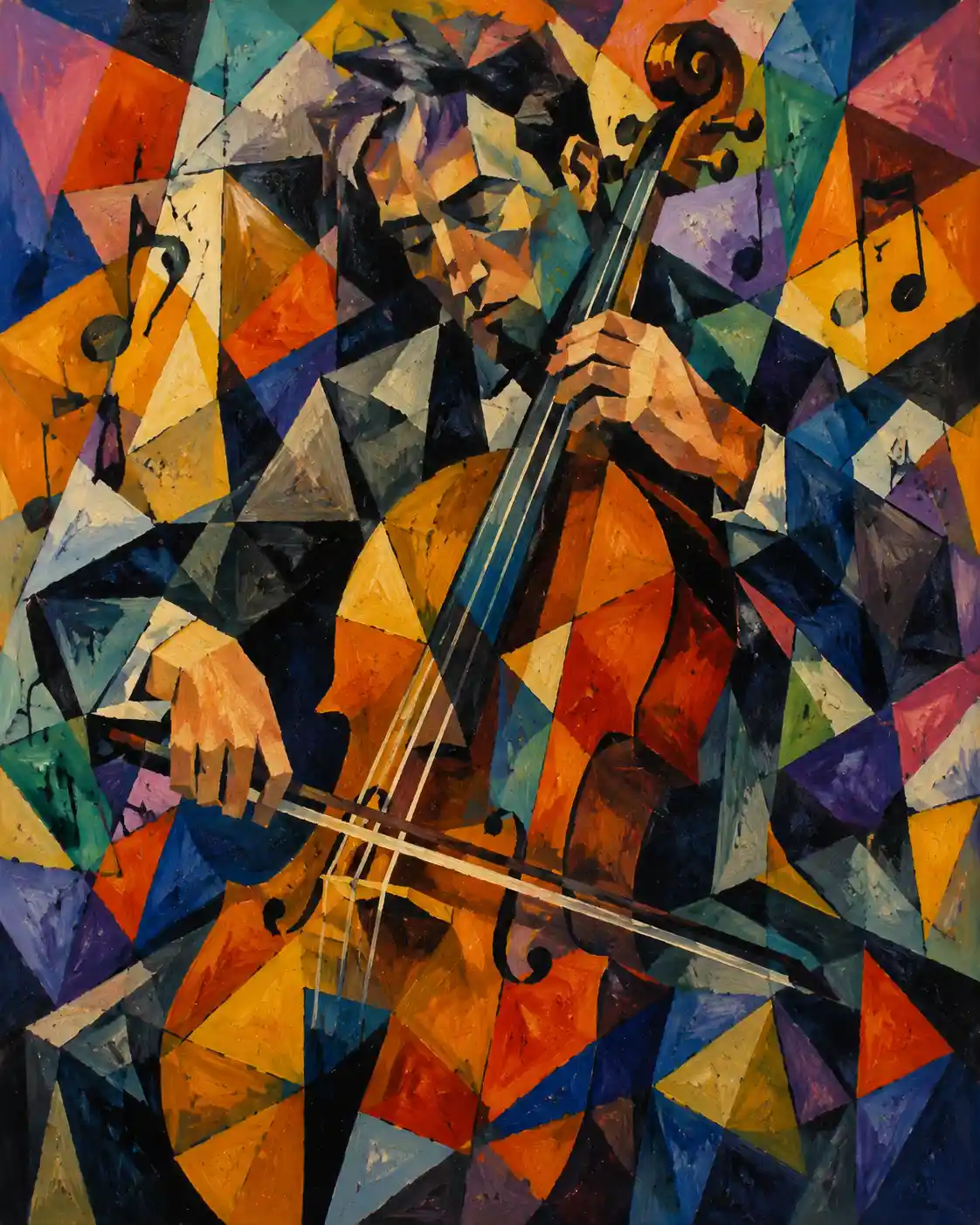 Ritratto cubista di un violoncellista appassionato in movimento astratto