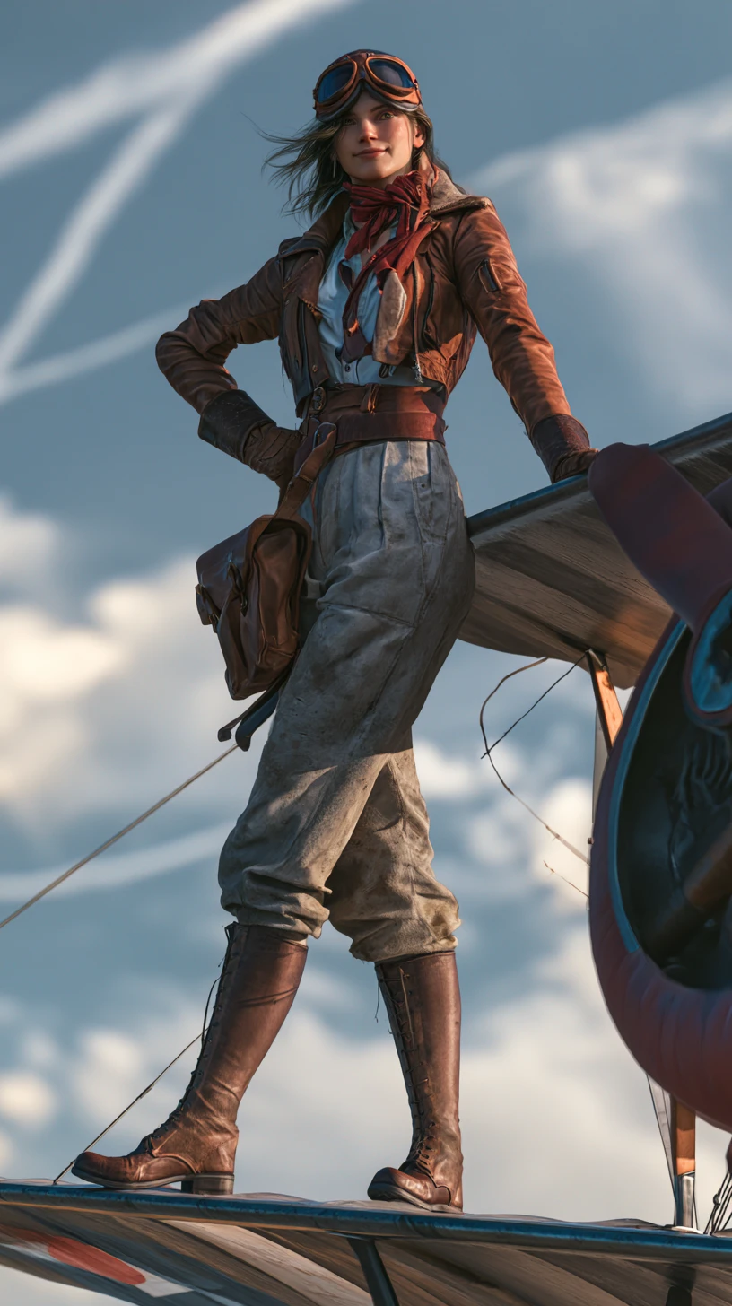 無畏的 1920 年代女飛行員站在雙翼機機翼上