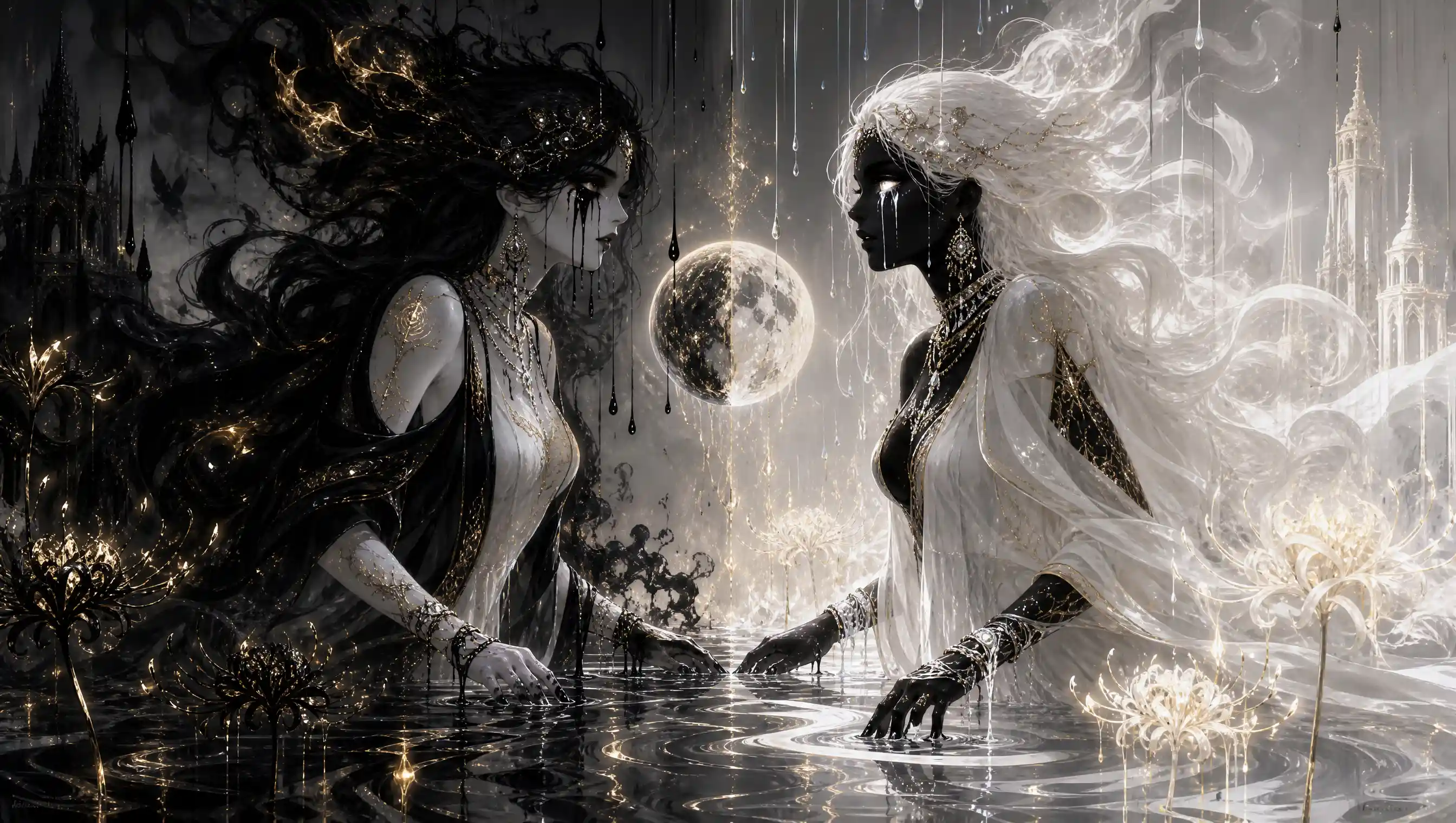 Two opposing mystical women facing each other in darkness