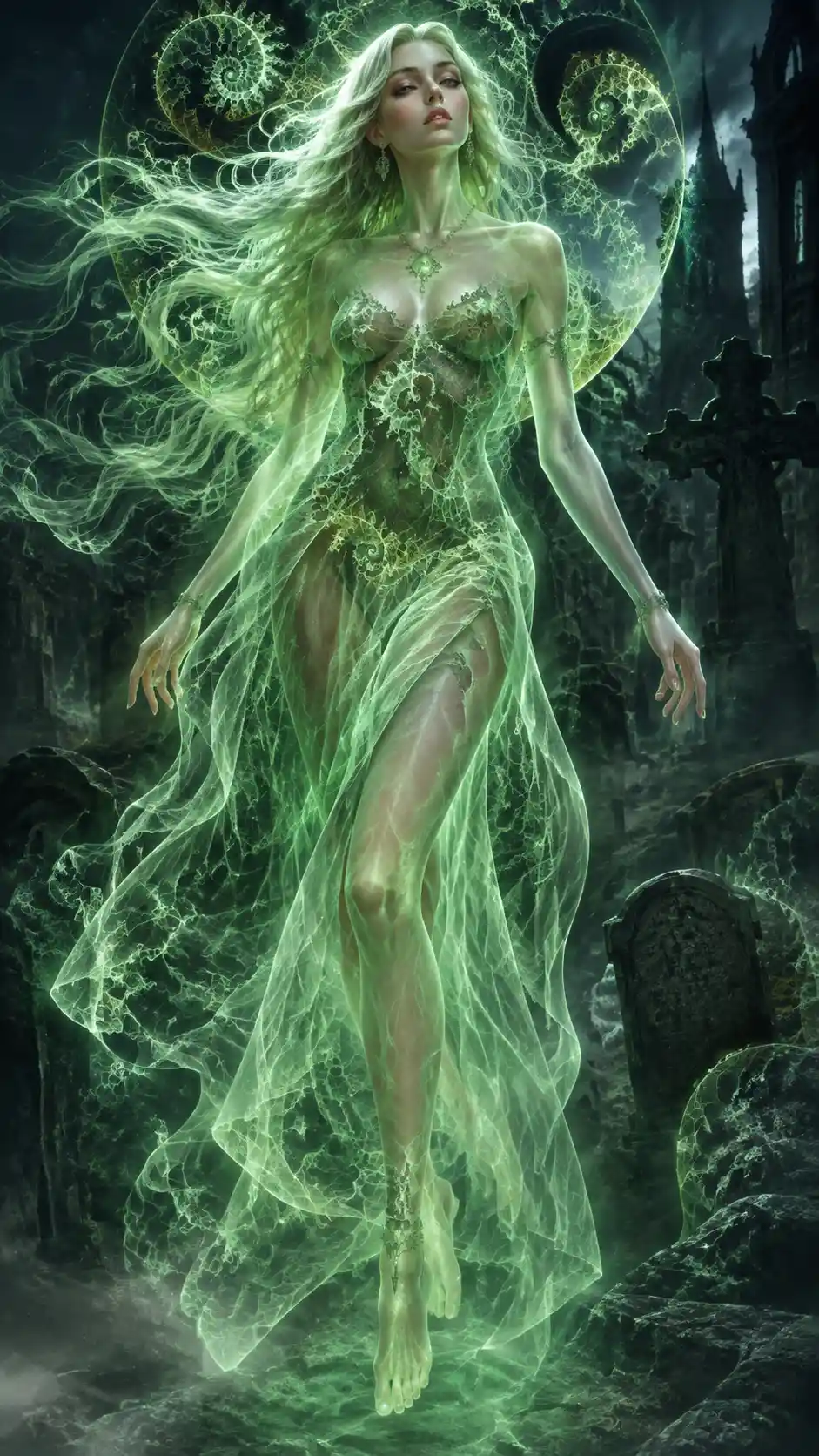 Elegant green ghostly woman in a surreal graveyard