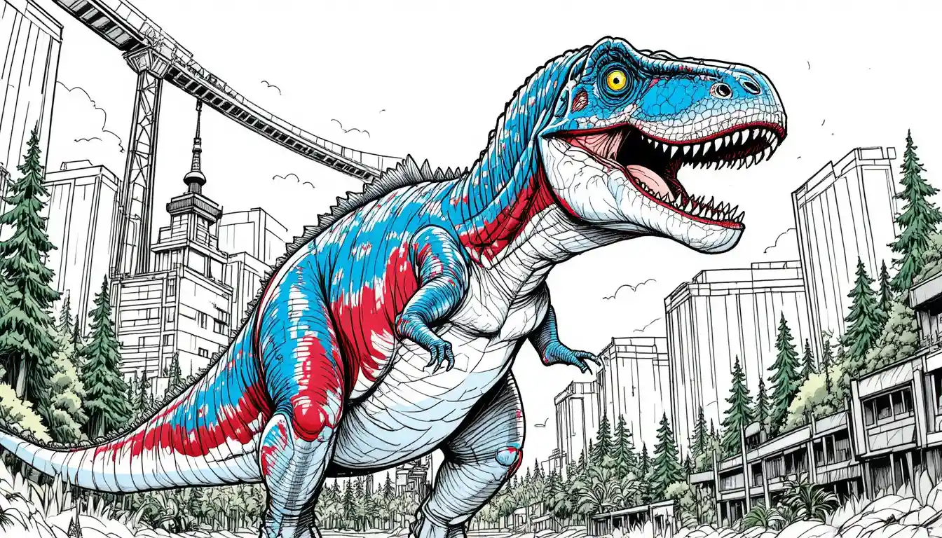 Tyrannosaurus rex gigante sobre um cenário urbano retrô estilizado