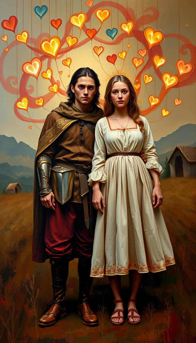 Casal camponês medieval feliz em pintura de impasto expressivo