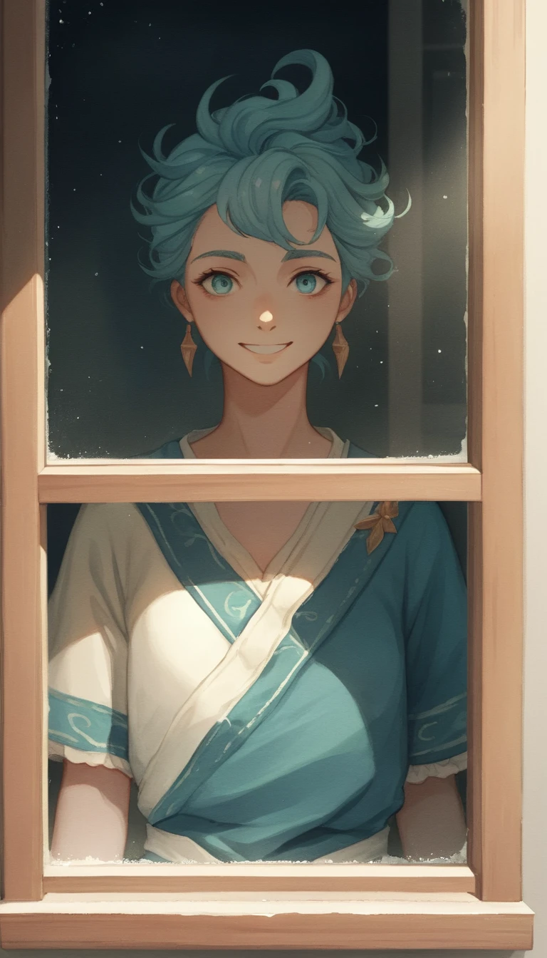 Garota guerreira sorridente em um colorido quarto otaku