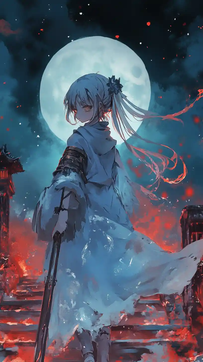 Fille gravissant un escalier de pierre tordu au‑dessus d’une mer de flammes bleues
