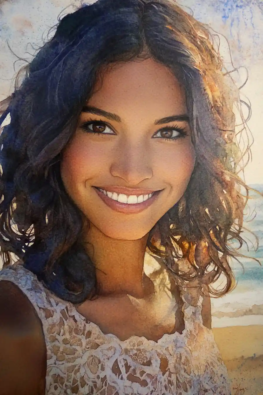Retrato em aquarela de uma mulher sorridente à beira-mar