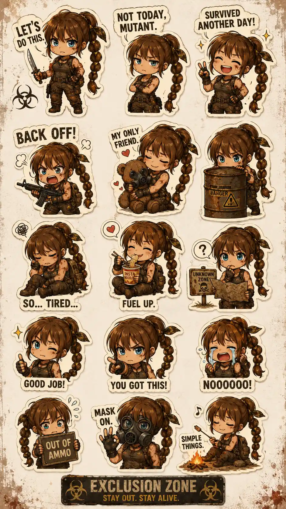 Chibi reaction sticker sheet of an anime girl character