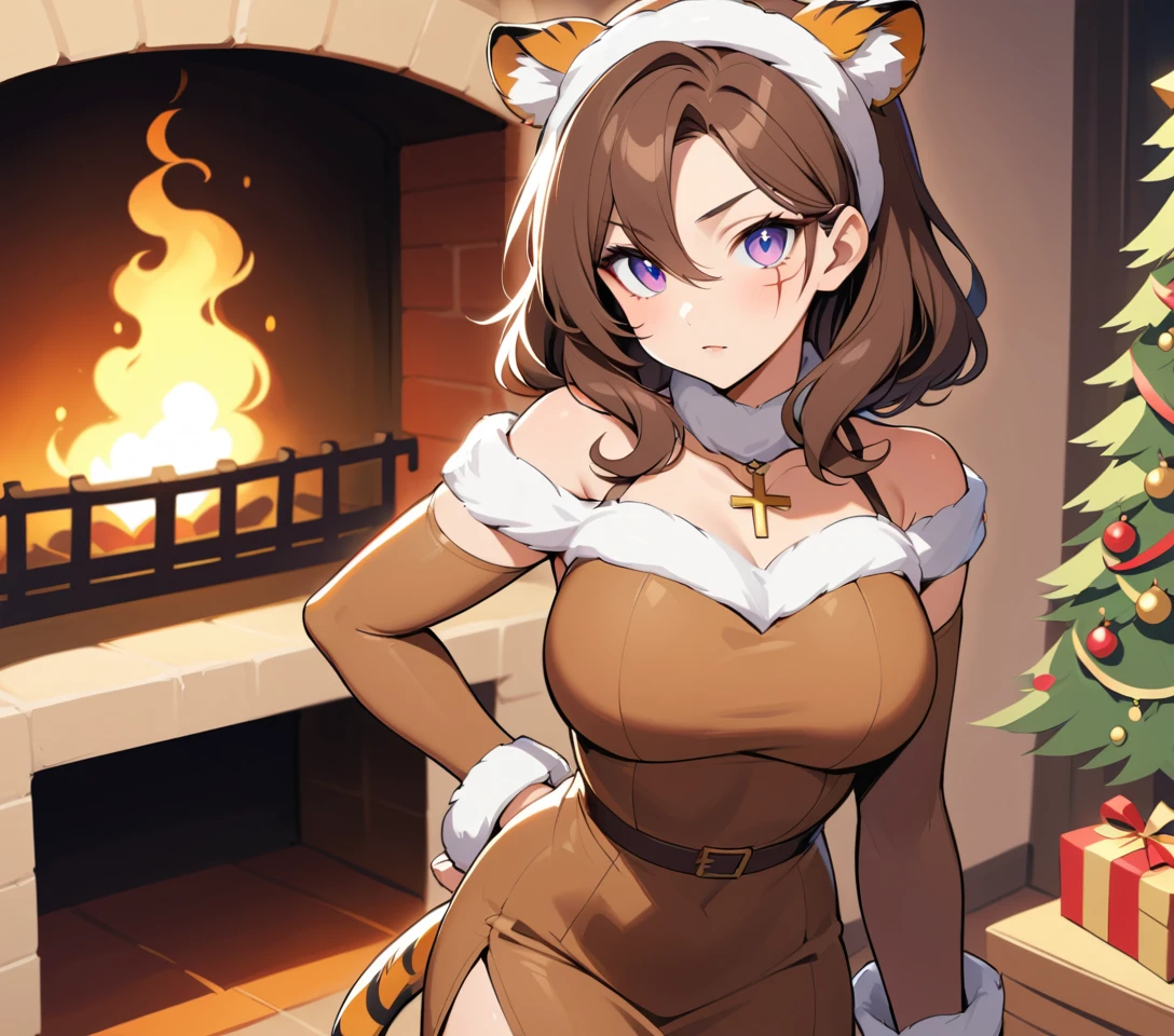 Confident tiger woman by a festive Christmas fireplace