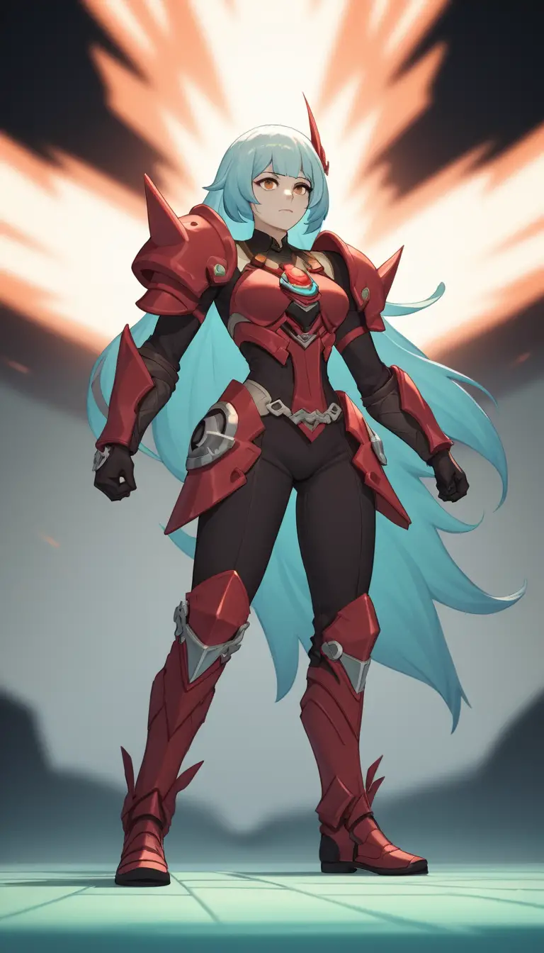 Héroïne d’anime en armure posant dans un monde fantastique vibrant