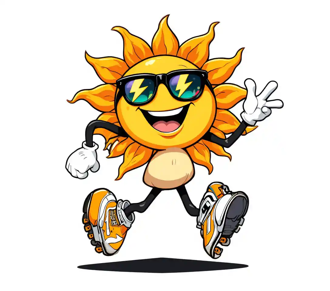 Personagem de sol em desenho retrô patinando com energia radiante