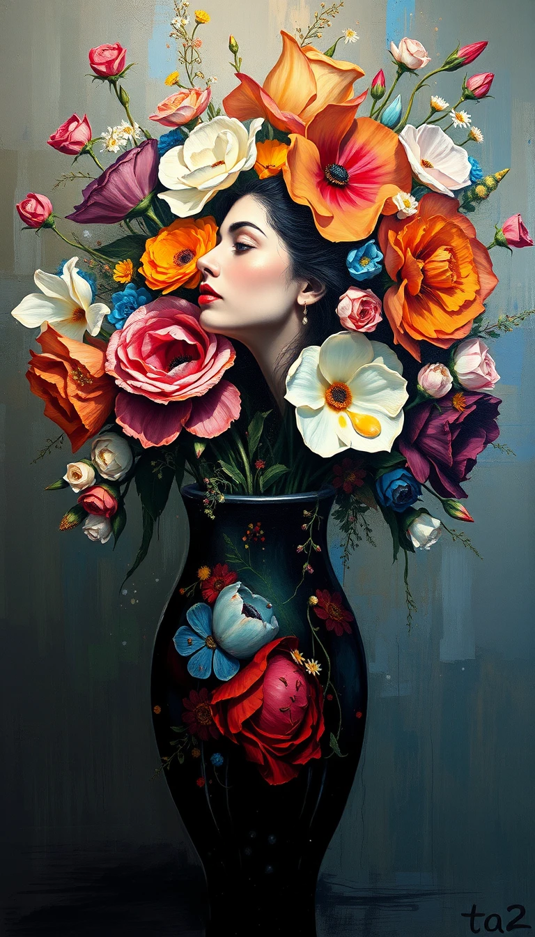 Elegante donna che contempla un'esplosione astratta di fiori