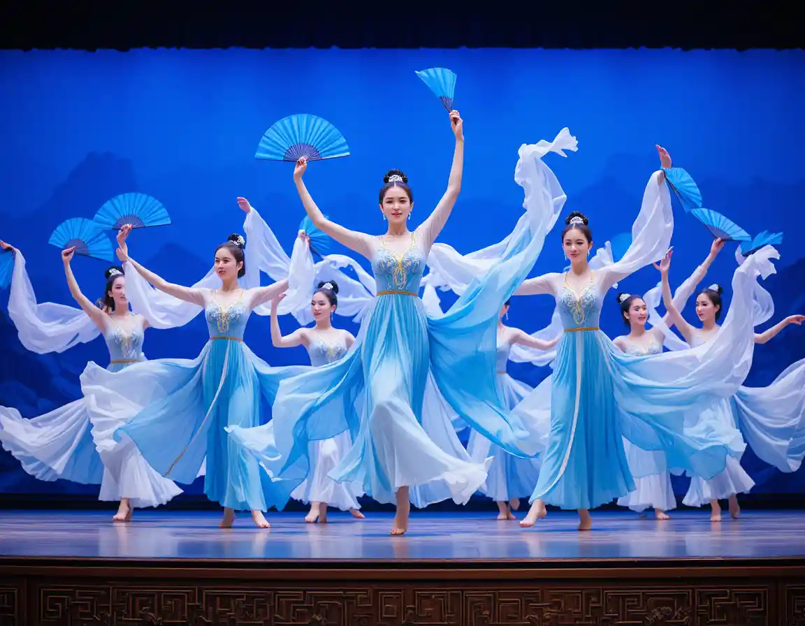 Danzatrici tradizionali cinesi con ventagli blu sul palco