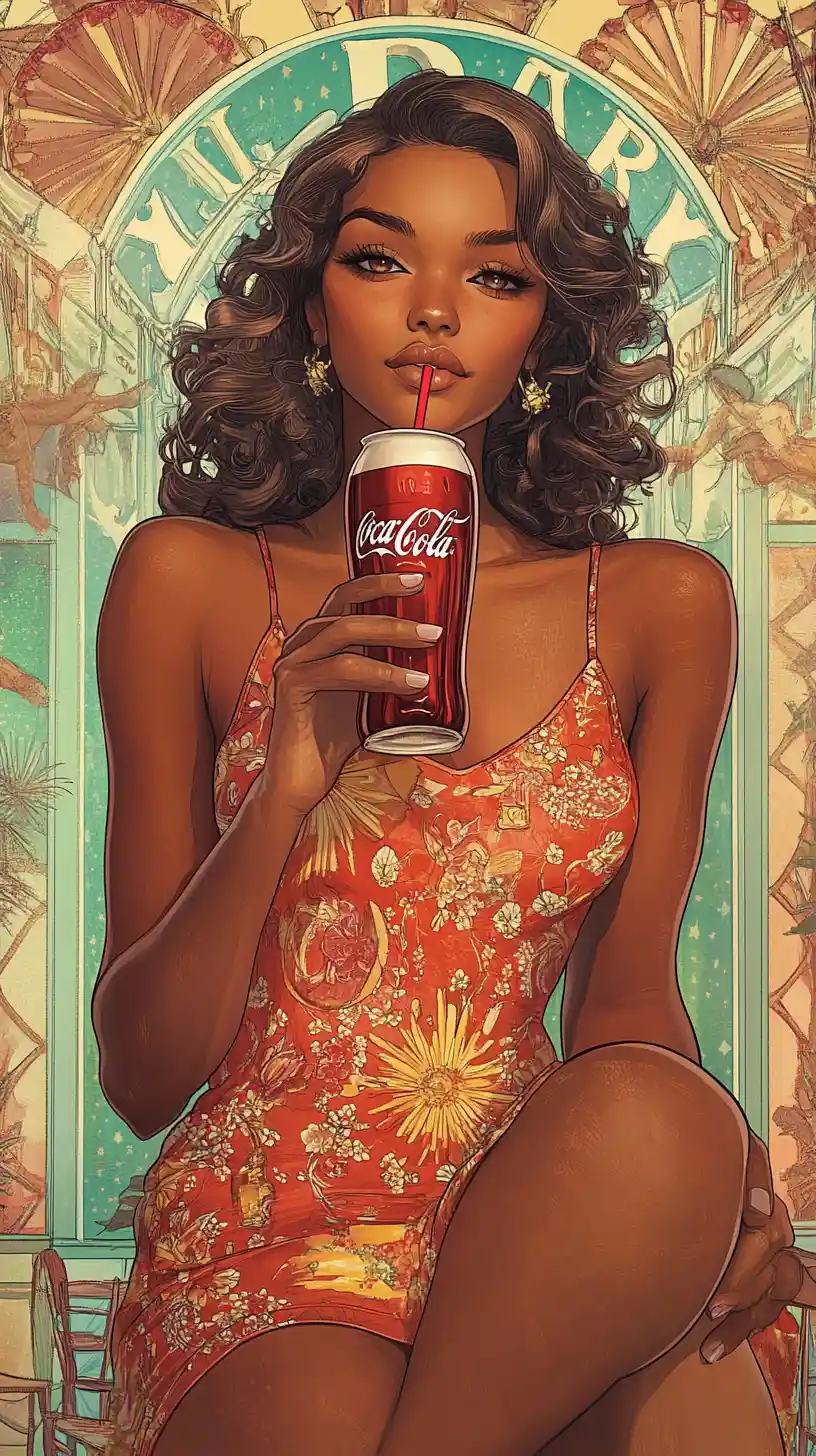 Jovem mulher com vestido dos anos 2000 curtindo uma Coca-Cola