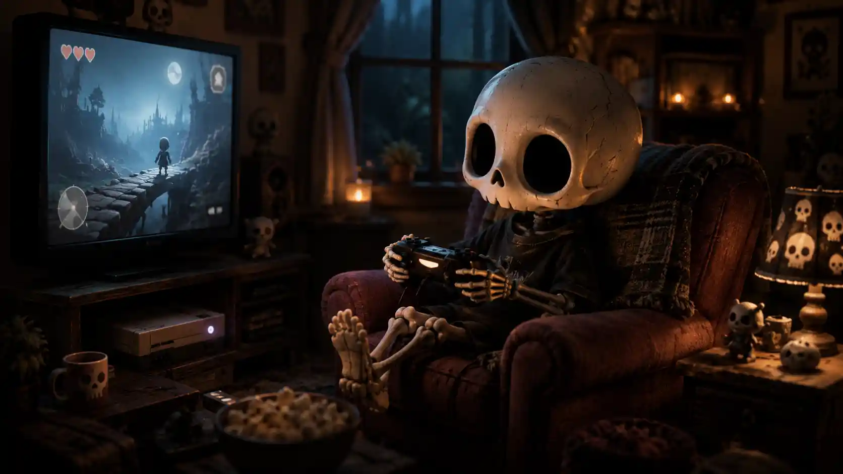 Gamer esqueleto relaxado em uma sala de estar aconchegante