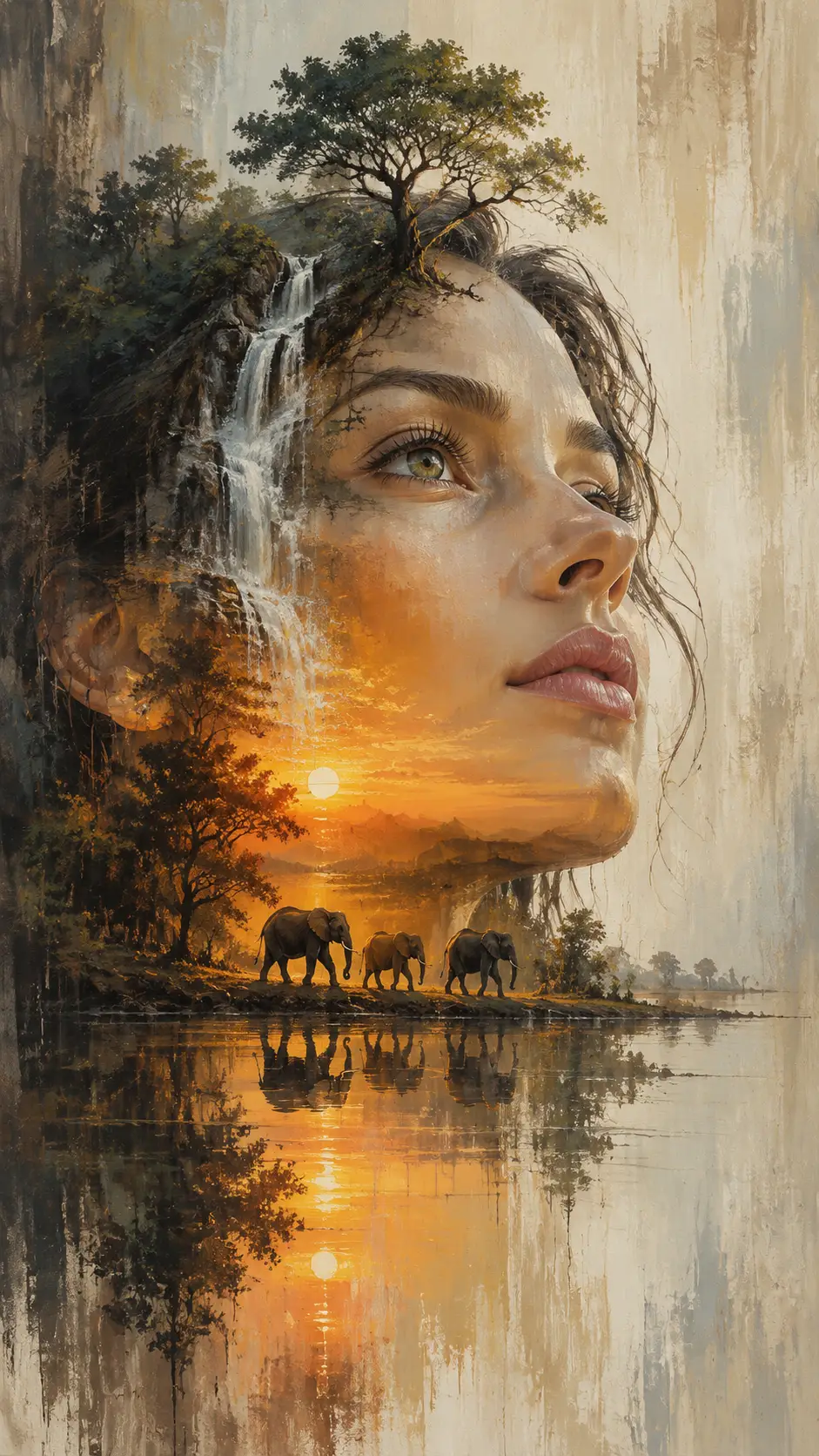 Surreal portrait of a woman blended with wild landscape