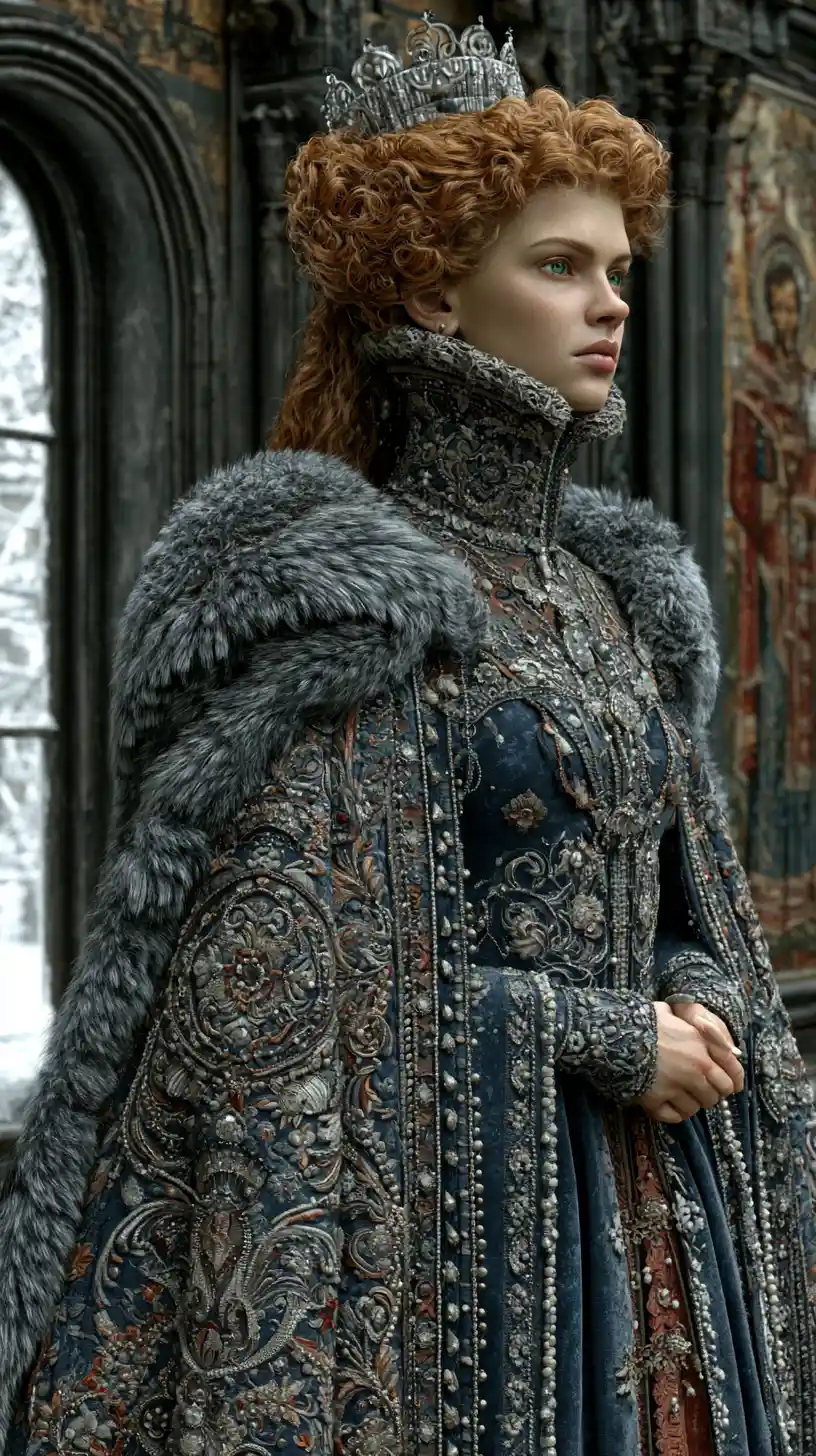 Young slavic queen in a dark medieval castle portrait