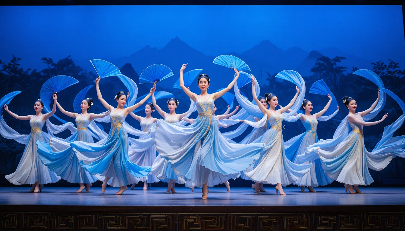 Traditionelle chinesische Tänzerinnen mit blauen Fächern auf der Bühne
