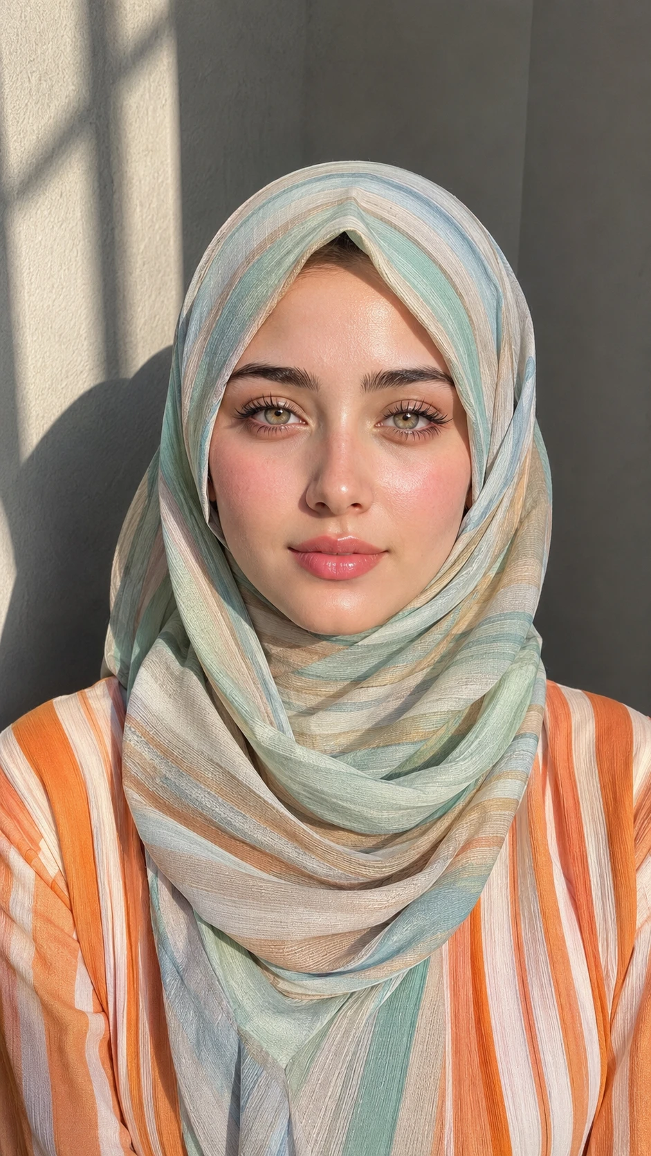 Young woman in pastel striped hijab close up portrait