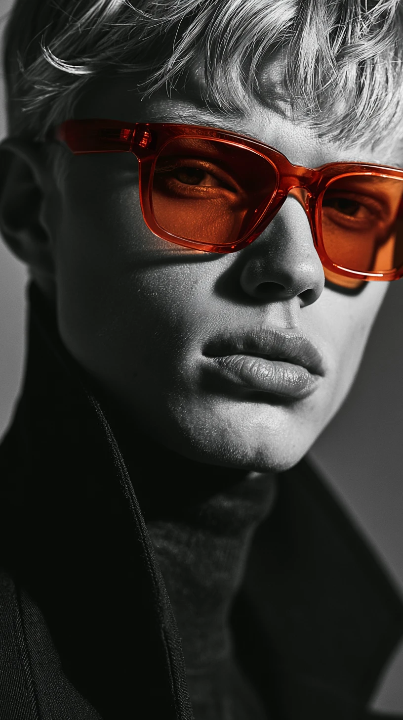 Editorial portrait of a woman in black with orange sunglasses