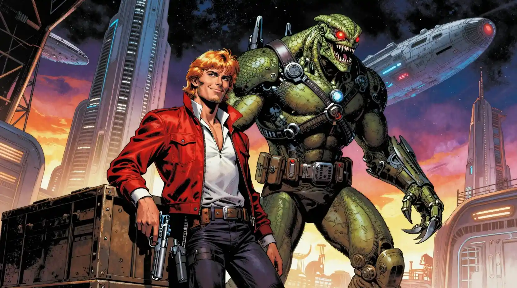 Contrabbandieri spaziali in posa in uno scenario urbano futuristico da fumetto