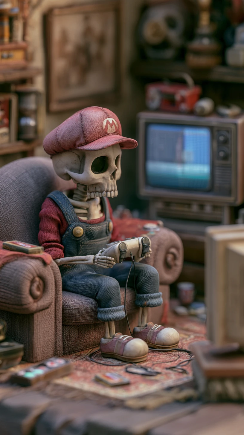 Squelette chibi jouant à un jeu vidéo dans un salon cosy
