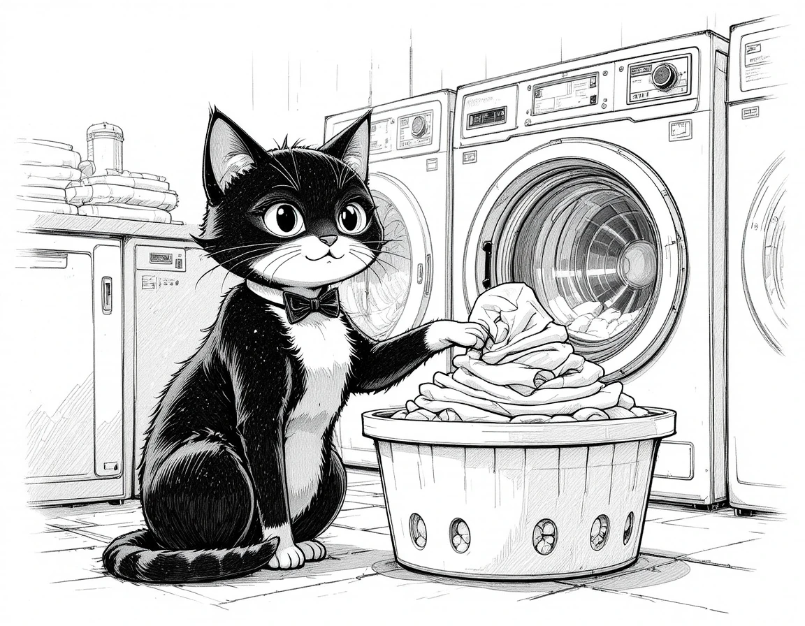 Chat tuxedo touchant des serviettes pliées dans une buanderie chaleureuse
