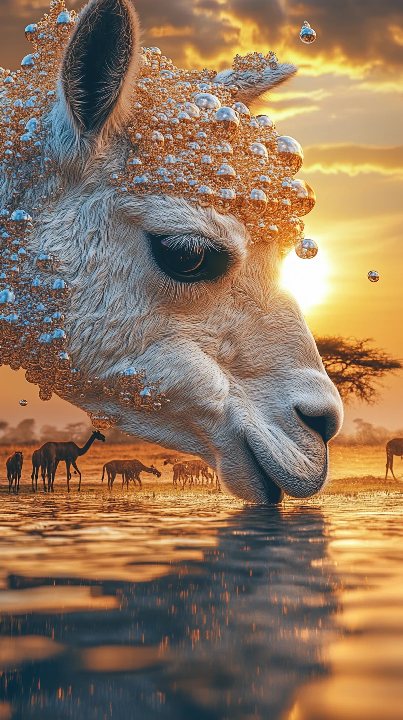 Retrato surreal de lhama fundido com paisagem de pôr do sol brilhante