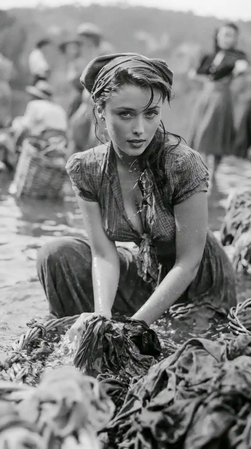 Belle femme espagnole lavant le linge au bord de la rivière
