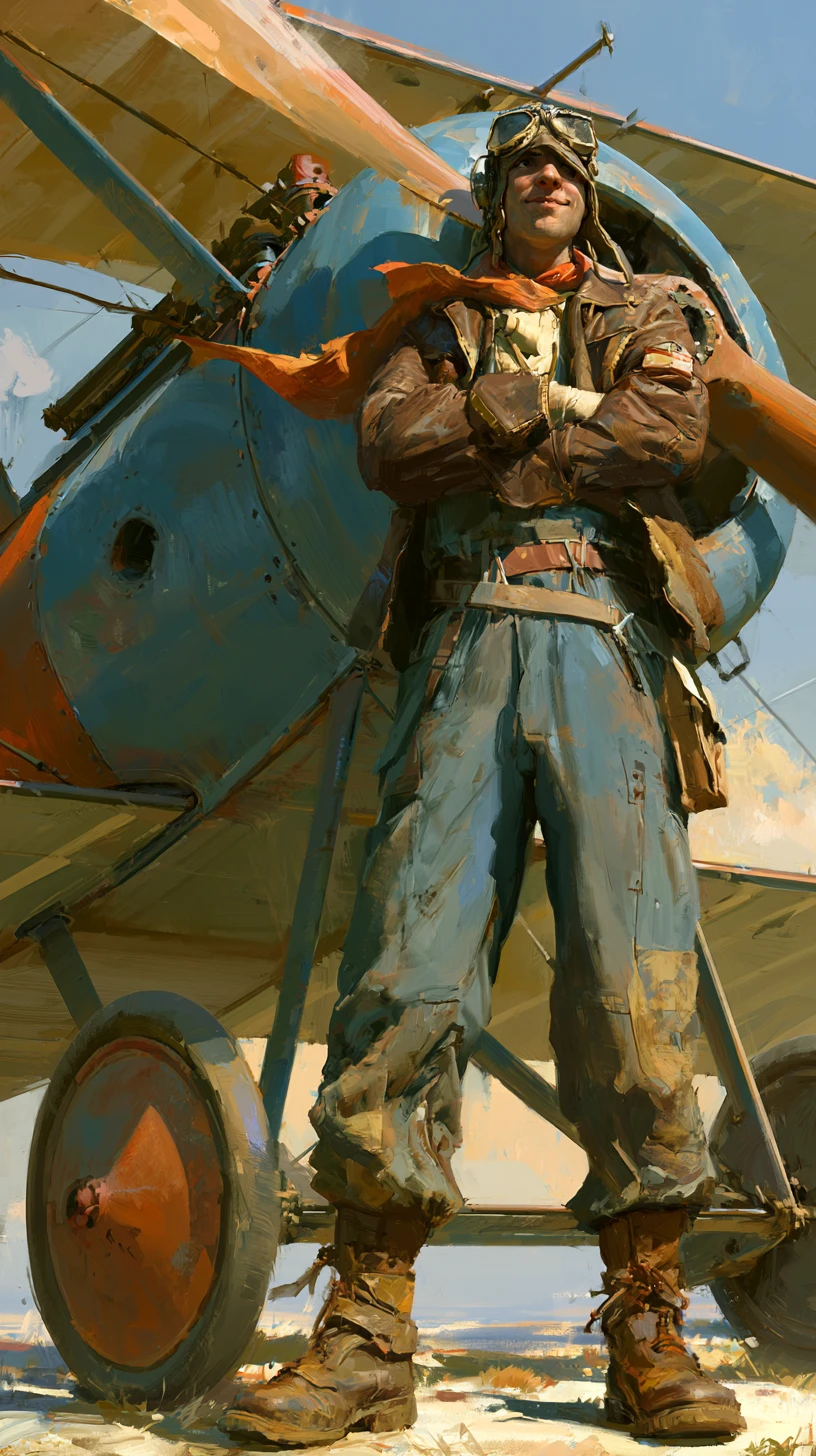 Piloto da Primeira Guerra Mundial posando diante de um biplano vintage