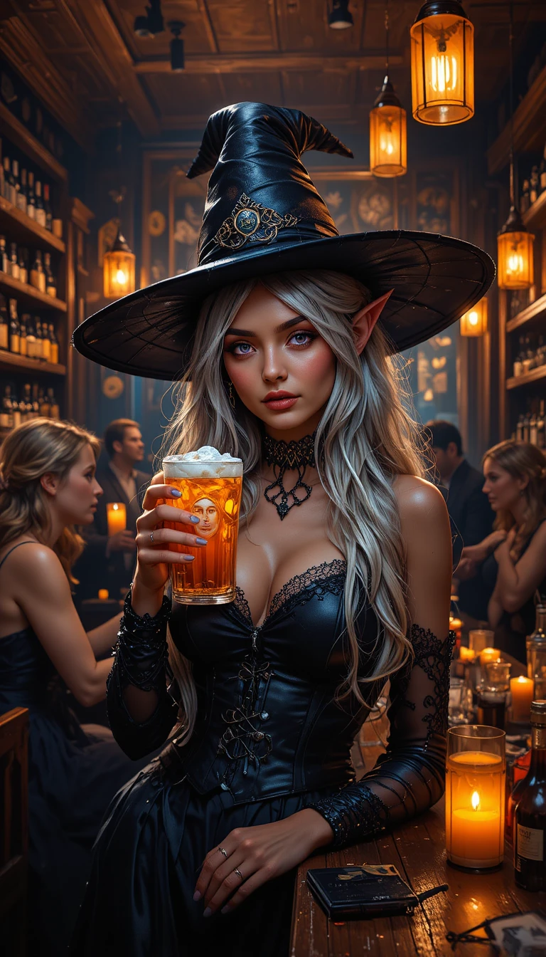 Strega elfica dai capelli d’argento in una calda taverna di Halloween