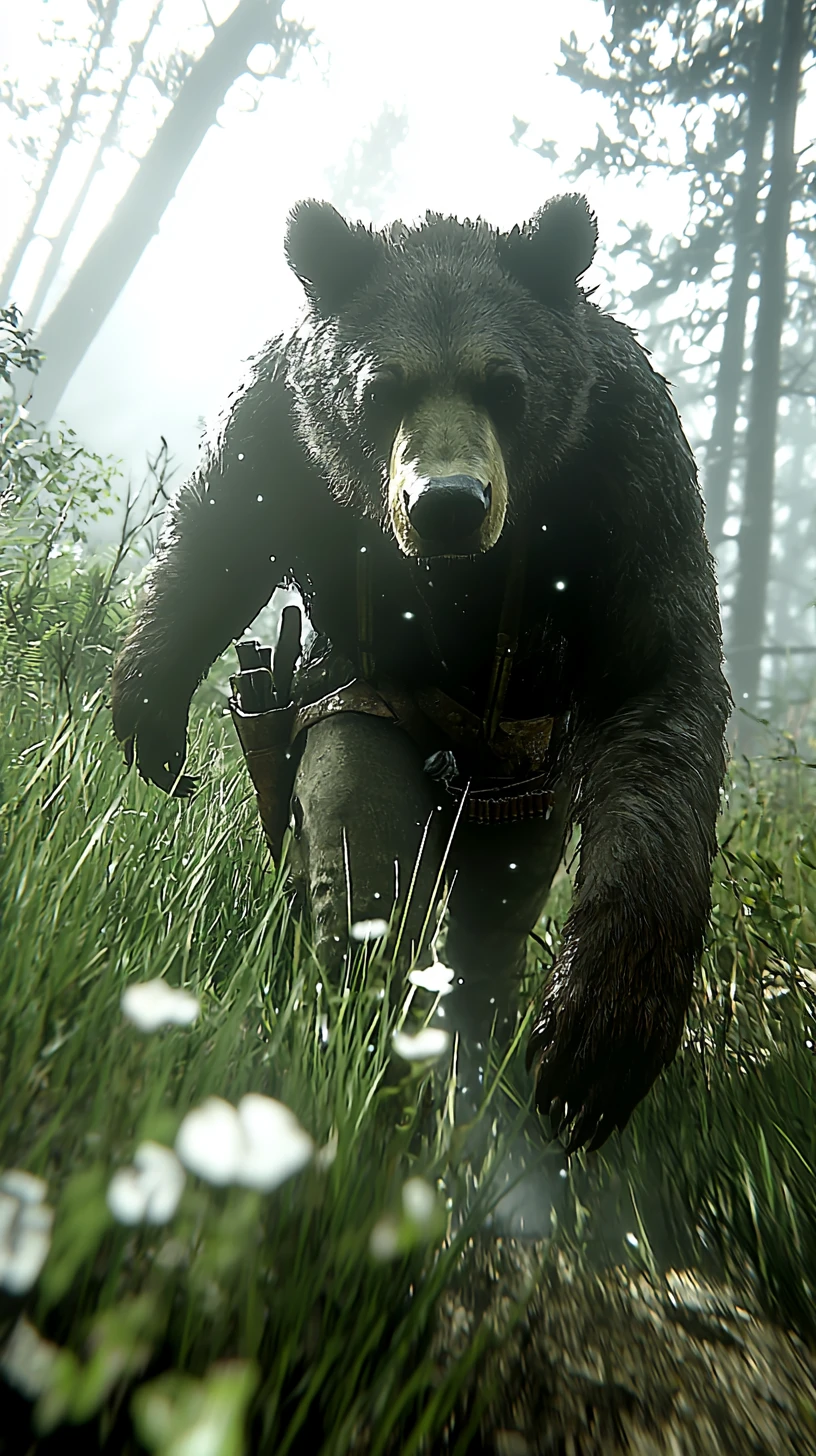Cinematic bear in foggy forest with volumetric light rays