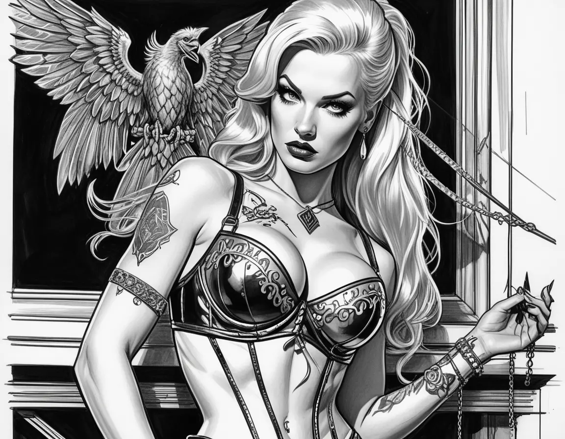 Platinum blonde tattooed pinup artist in loft studio