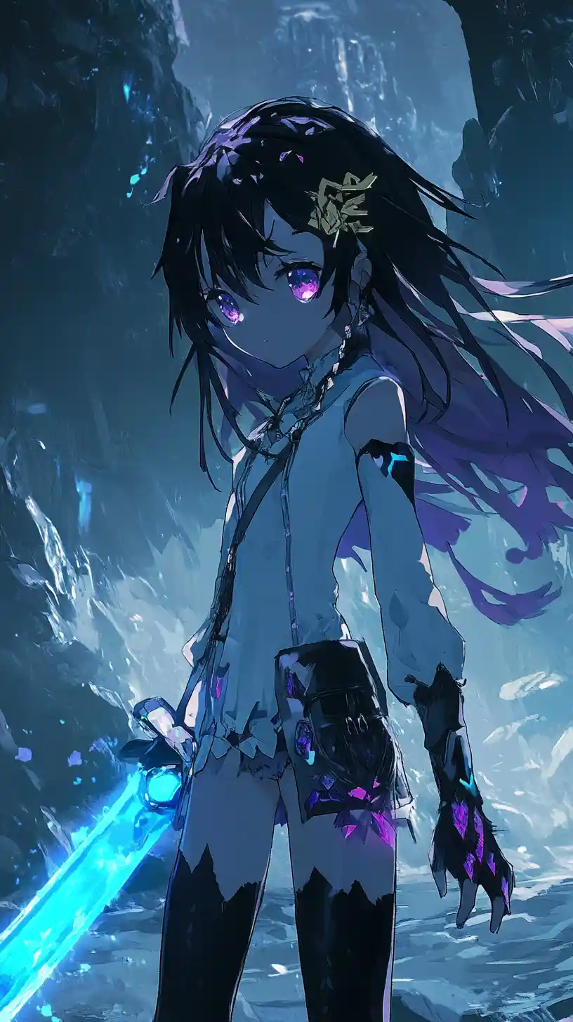 Fille d’anime en armure de cristal brandissant une épée de cristal sombre