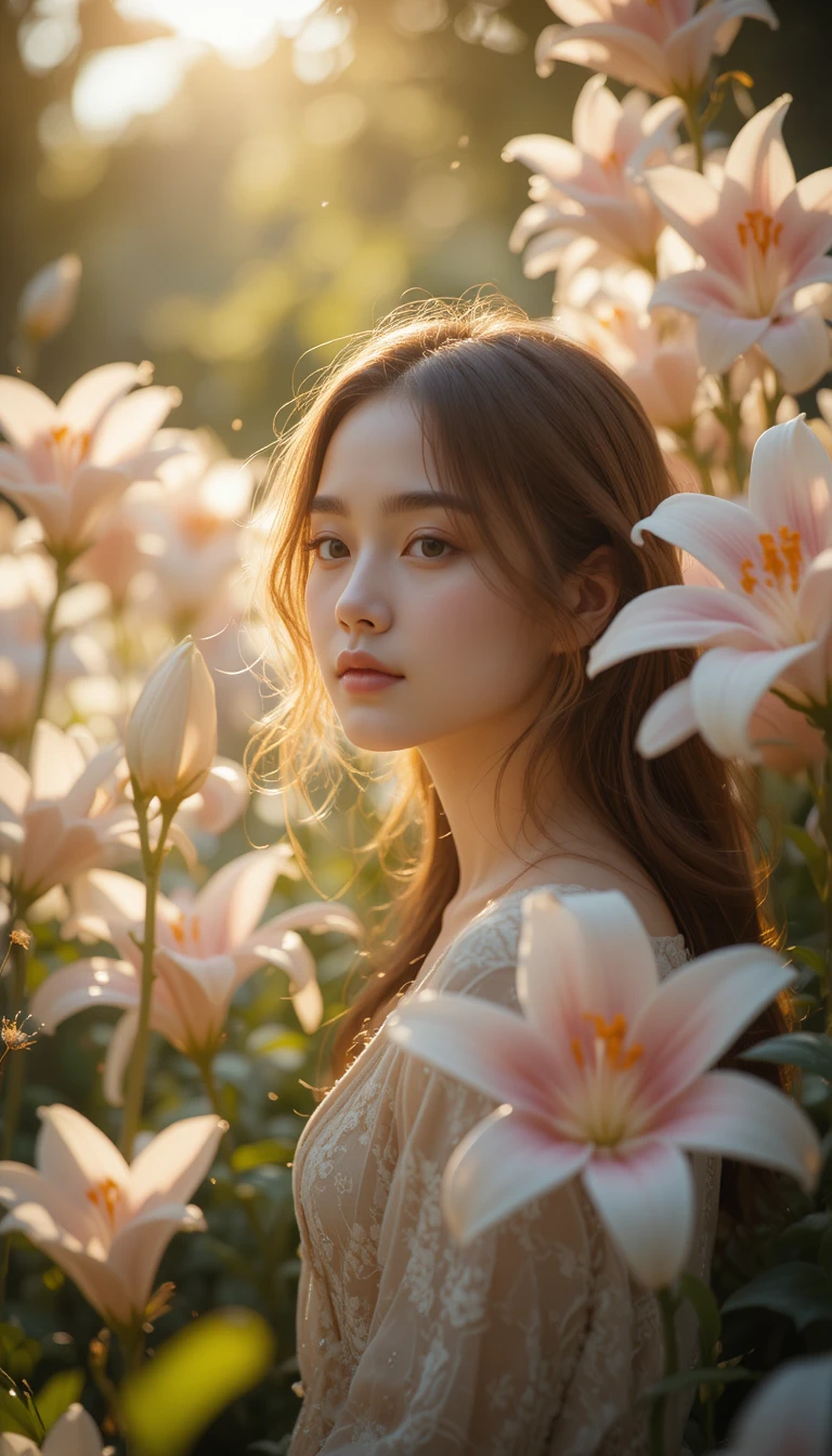 黄金の時間にユリの花々に囲まれた若い女性