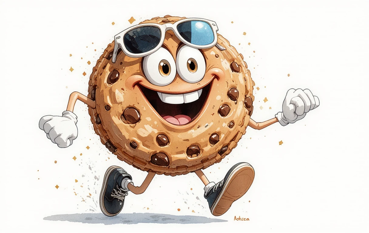 Cartoon-Schoko-Cookie-Figur mit Sonnenbrille beim Laufen