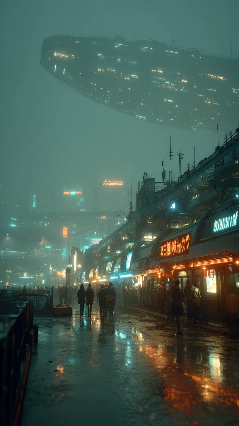 Mulher cyberpunk caminhando ao lado de um mecha gigante destruído