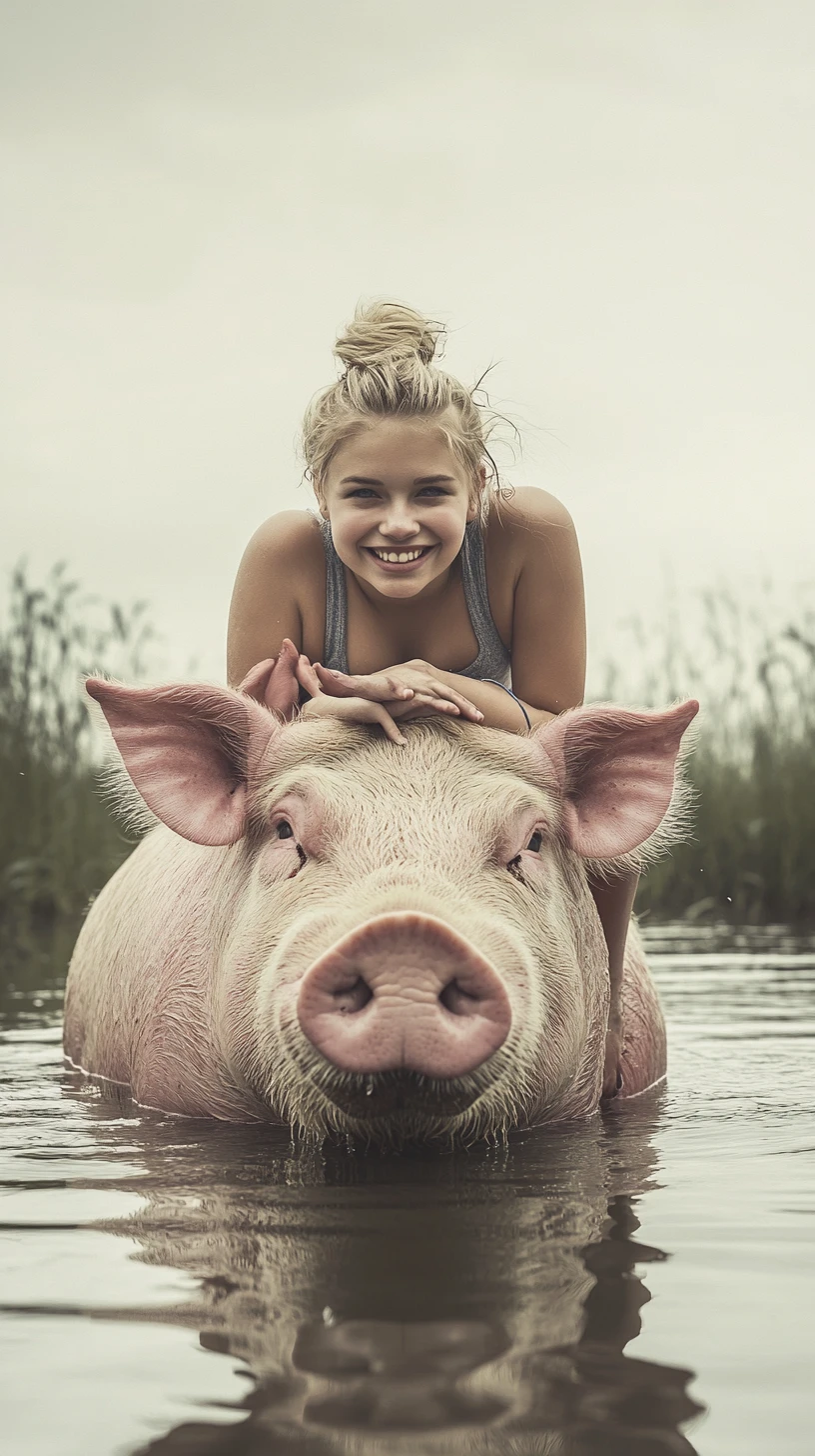 Joyful woman riding a giant pink pig in shallow water