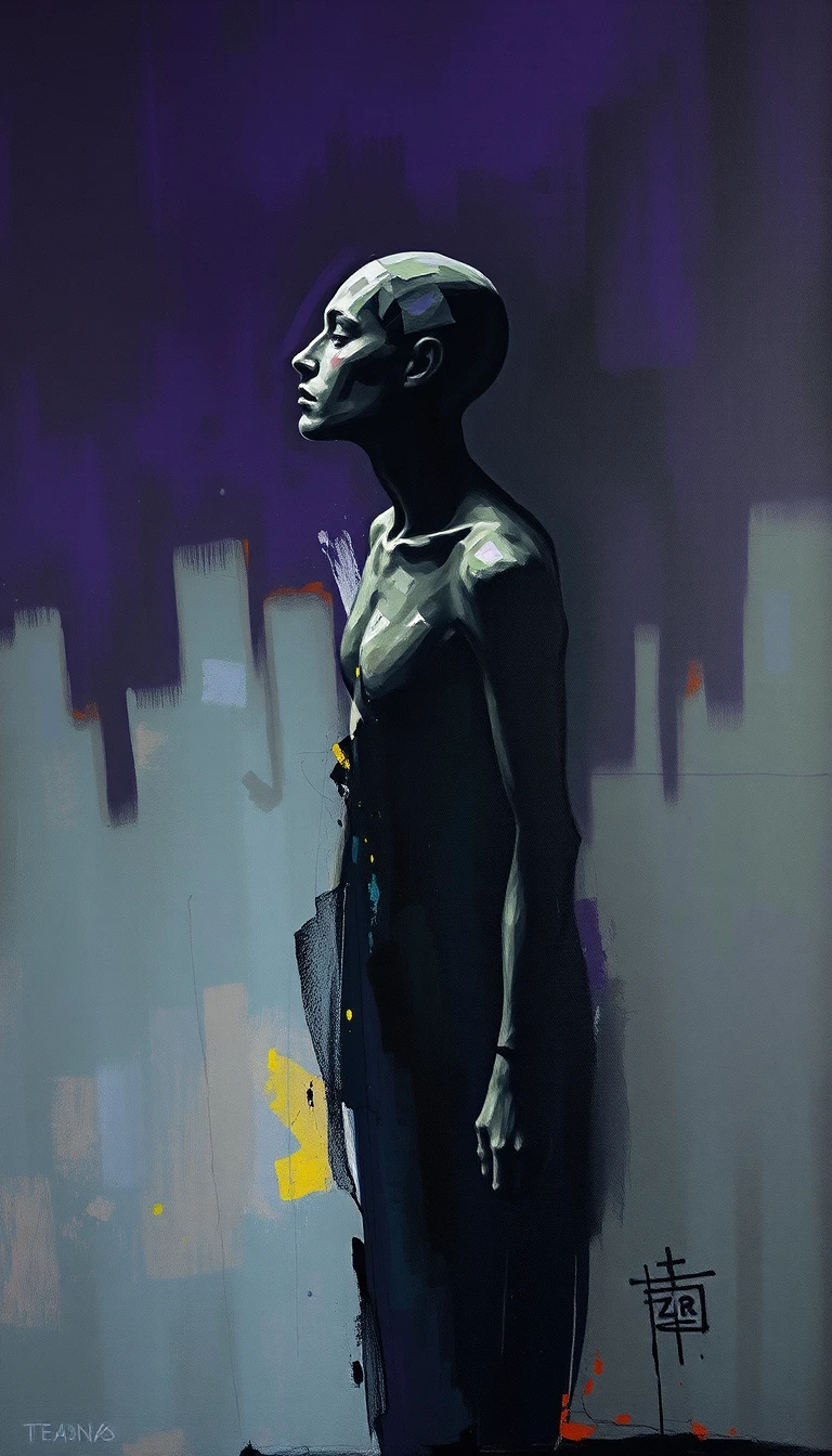 Profil humain semi figuratif énigmatique émergeant de la couleur