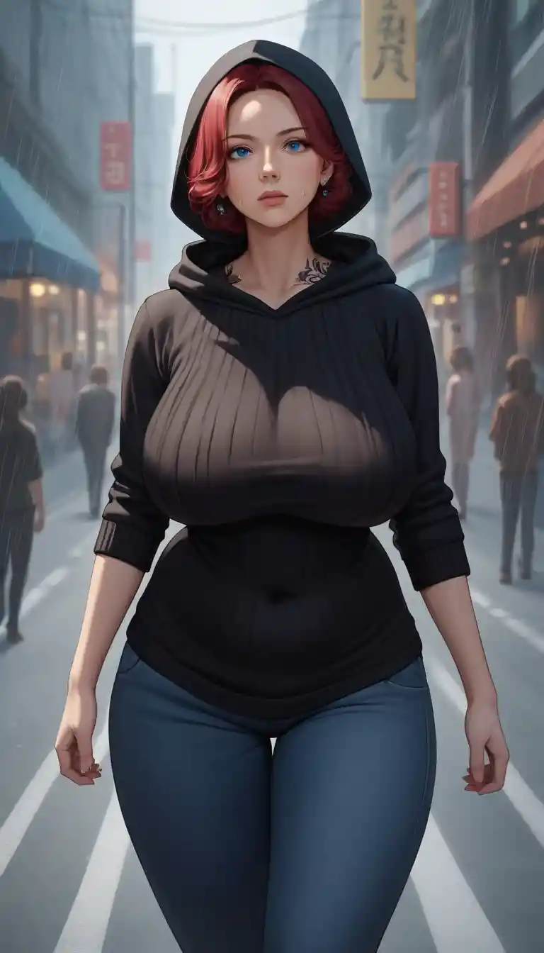 어두운 빗길에 선 캐주얼 복장의 애니메이션 여자